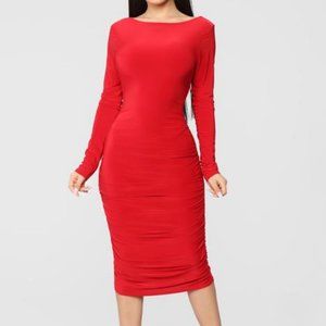 Ruched Midi Dress - Red